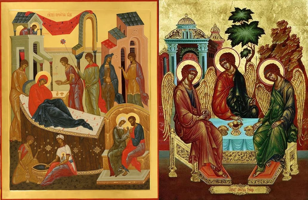 Ікони храмових свят поруч: Різдво Пресвятої Богородиці і Свята Трійця, три ангели за трапезою