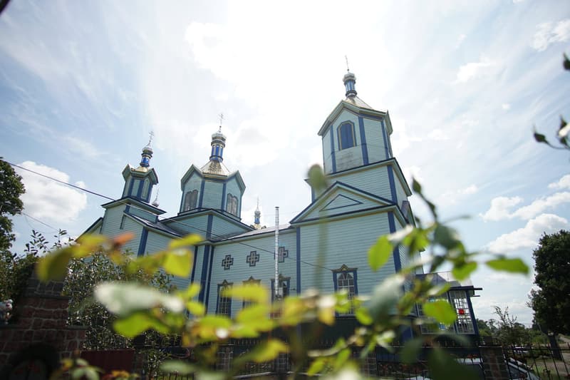 Бані й вежа храму знизу, на передньому плані зелене листя